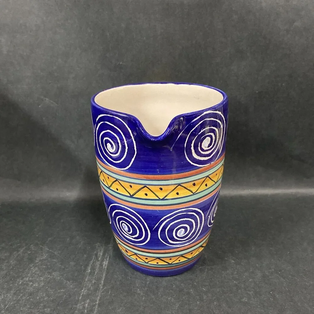 Pier‎ 1 Italian Swirl Ceramic Juice Water Pitcher 7.5” Blue Yellow Hand Painted